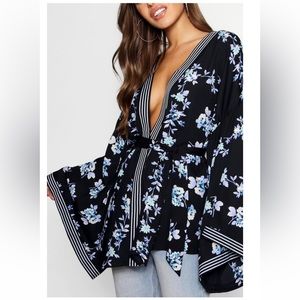 Petite kimono sleeve wrap top boohoo